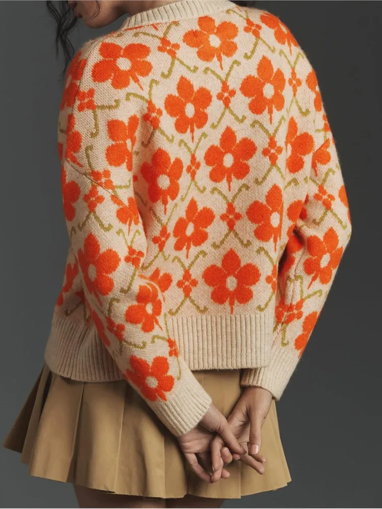 エレガントな長袖 O ネックカーディガンセーター女性のためのファッショナブルな秋冬花柄ジャカードニットボタンセーター女性