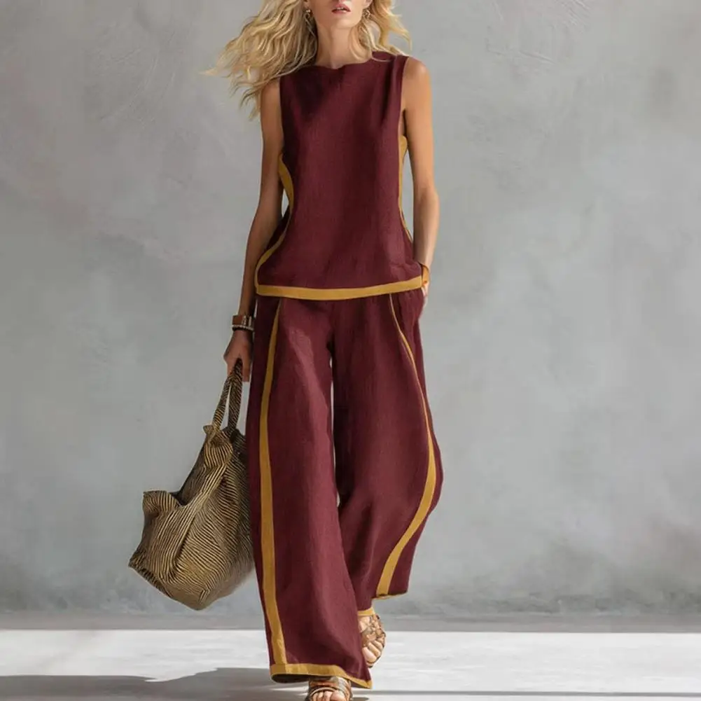 Women's 2 Piece Lounge Sets Sleeveless Crew Neck Top And Wide Leg Pants Outfit Vacatio Matching Sets Plus Size Casual Suit Women