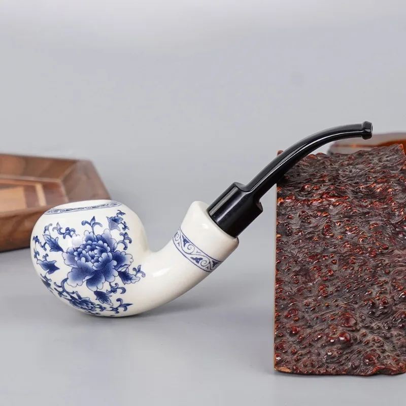 

RU MuXiang Blue and white porcelain tobacco pipe , 9mm filter element smoking pipe , Chinese style ceramic pipe , pipe holder