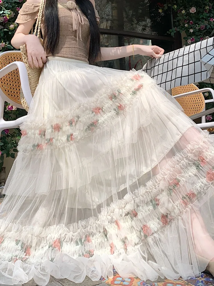 Sweet Heavy Embroidery Cake Skirt Mesh Netting Slimming Print Half-length Long Umbrella Skirt Women's Summer Fashionable