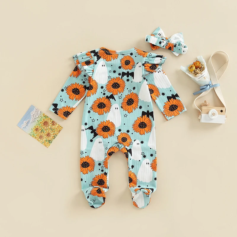 

Cute Baby Boys Halloween Costume Pumpkin Print Hooded Romper with Matching Hat for Infants 3-9 Months