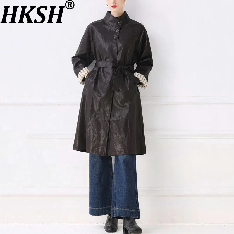 

HKSH Spring Autumn New Women's PU Leather Trench Coat Stand Collar Single Breasted Belt Elegant Streetwear Casual Jacket HK14048