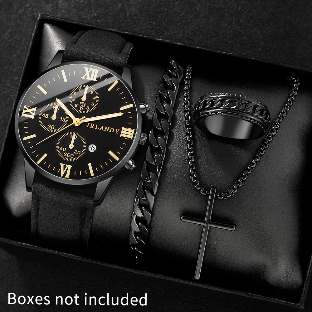 4pcs minimalist casual men's quartz watch with bracelet accessories set, suitable for daily wear and holiday gifts