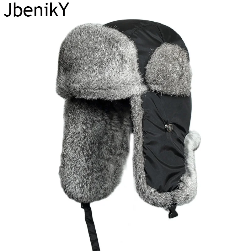 

Rabbit Fur Bomber Hat Men Women Winter Russian Snow Cap with Earflaps Thick Warm Trapper Ushanka Men Warm Bomber Hat