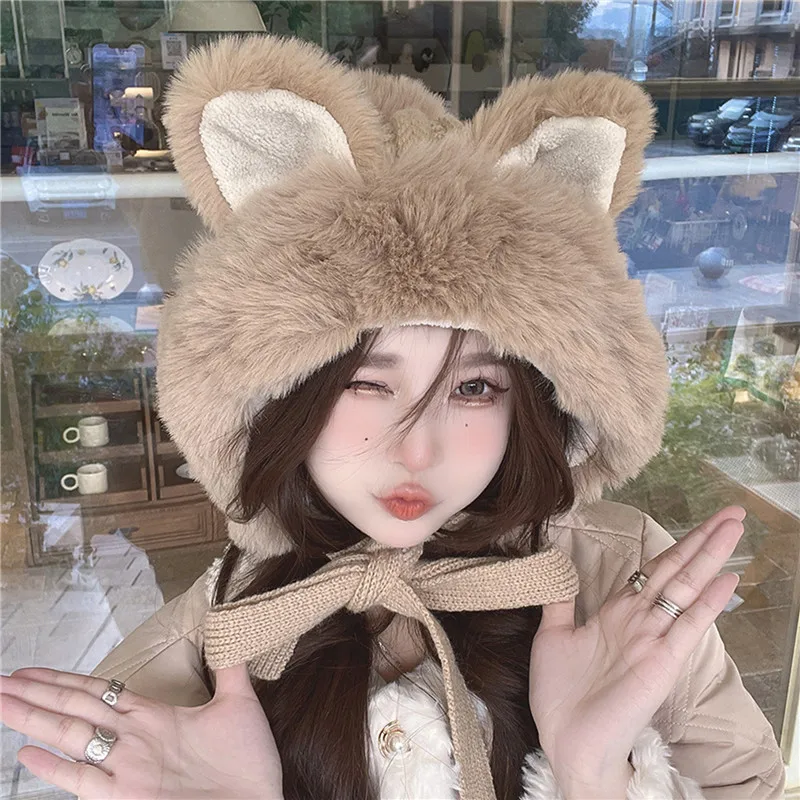 Big Ear Knitted Hat Velvet Warm Knitted Ear Protection Hat Pullover Hat Korean Cute Women's New Pink Plush Ball Hat Winter