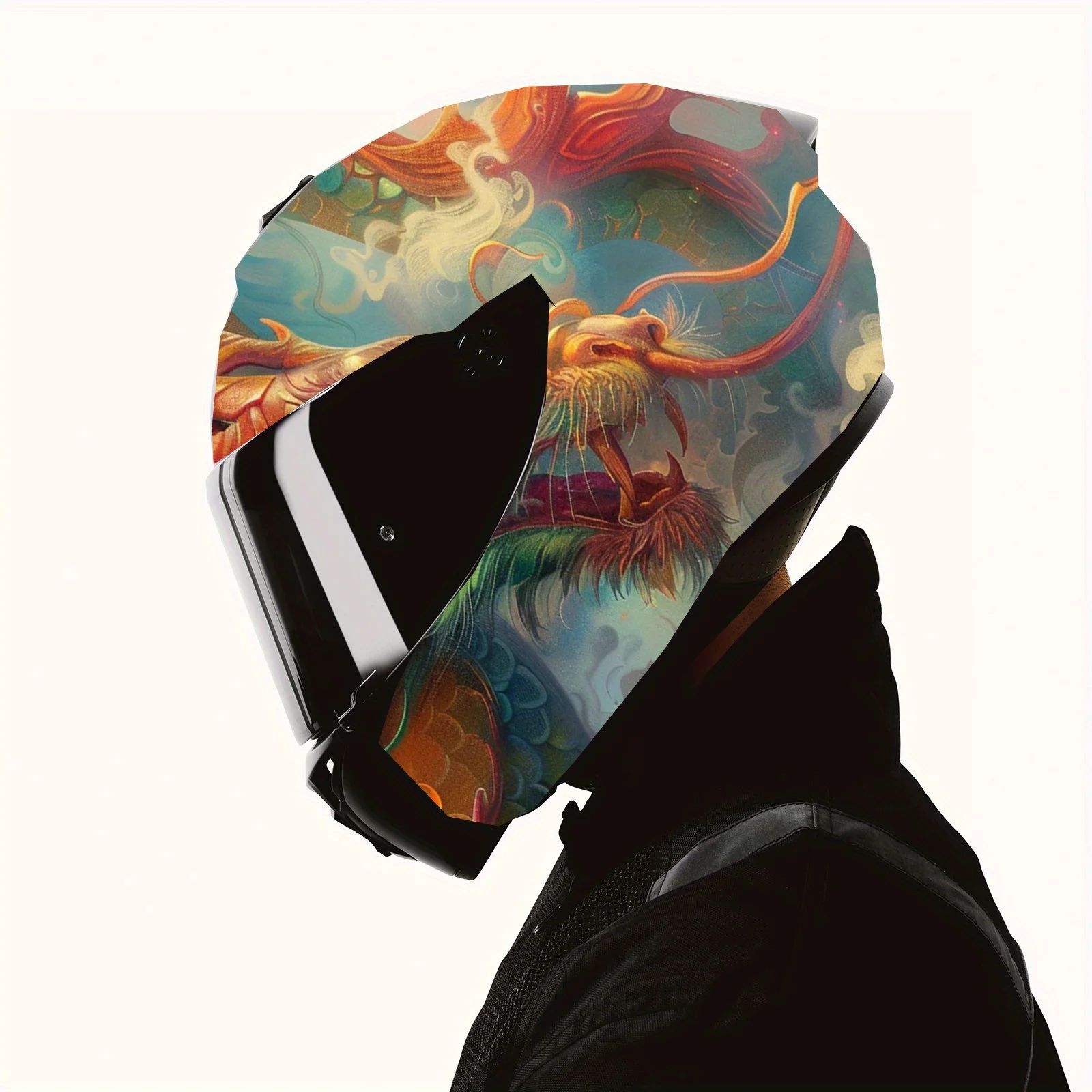Dragão barbudo dourado em escala verde subindo alegre nos nuvens impressão adesivo envoltório de capacete completo capacete de motocicleta corrida graphi