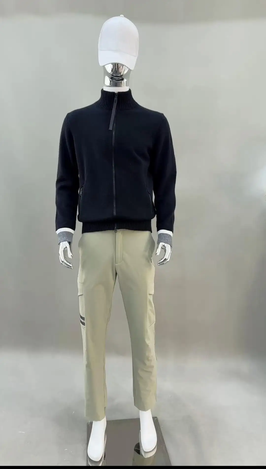 Men's Golf Knit Sweater Stand Collar Long Sleeve Zipper Jacket Warm Casual Golf Pullover Outerwear Autumn Winter Golf Clothing