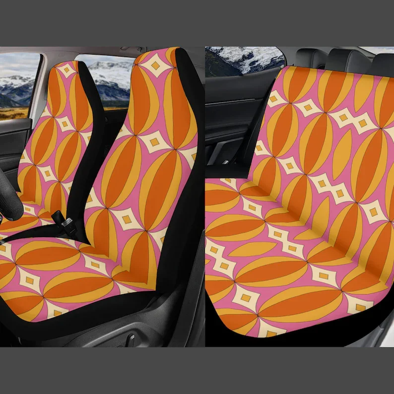 70s Retro Groovy Seat Cover for Car, Trippy Abstract Boho Geometric Pattern, Cute Front Seat Backseat Cover Vehicle, Full Set Ca