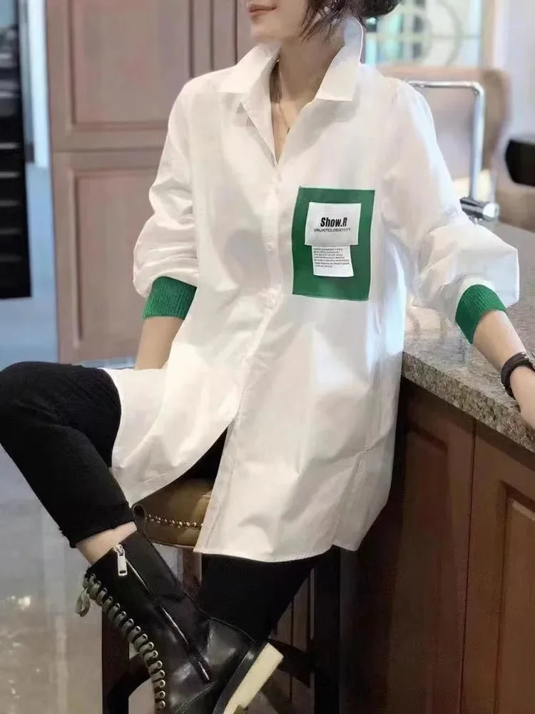 Design White Long Sleeved Med- Length Shirt For Women's Loose Unique Korean Casual Fashion Chic Ins Patchwork Blouse Top