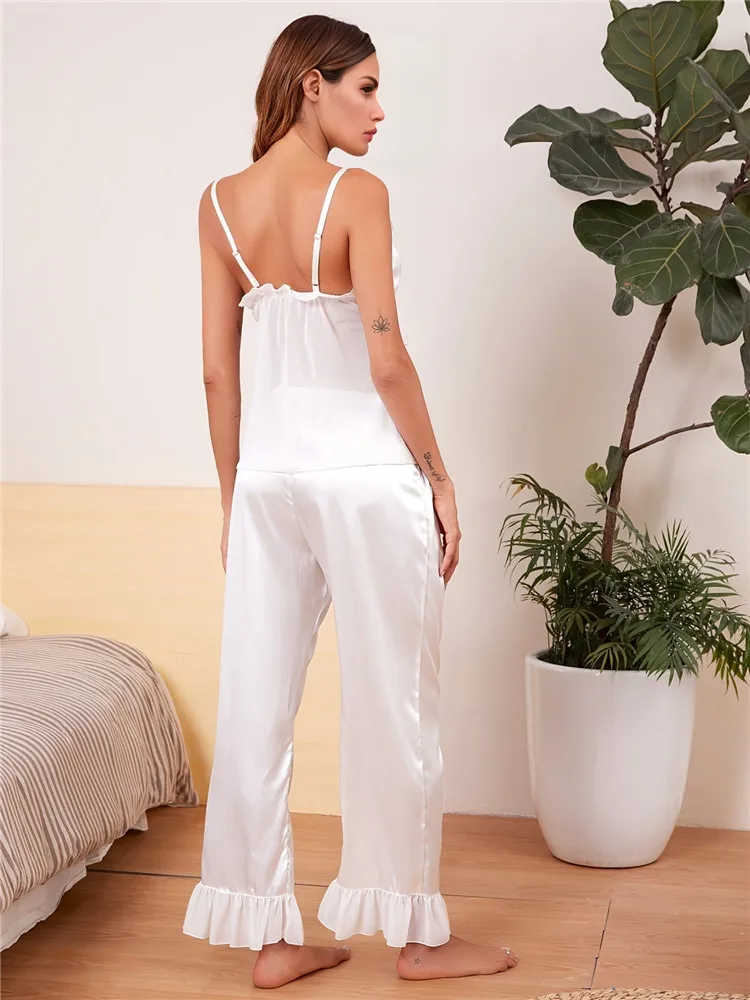 Womens Silk Satin & Mesh Pajamas Set GorgeousSleepwear Suit Scalloped Edges Camisole with Pant Loungewear