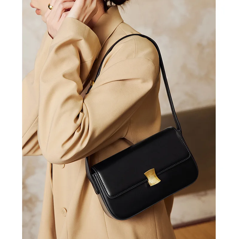 ZR DIARY Underarm Bag Women Split Leather Single Shoulder Bag Metal Decor Crossbody Small Square Bag 9031