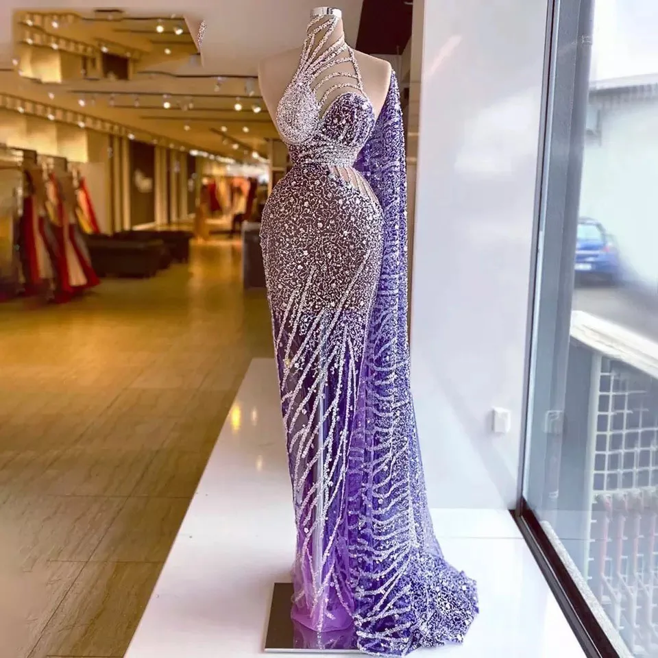 Beaded Lace Evening Dresses Long Luxury Mermaid Beads High Neck Cape Sexy Arabic Dubai Prom Gowns Special Occasions Customized