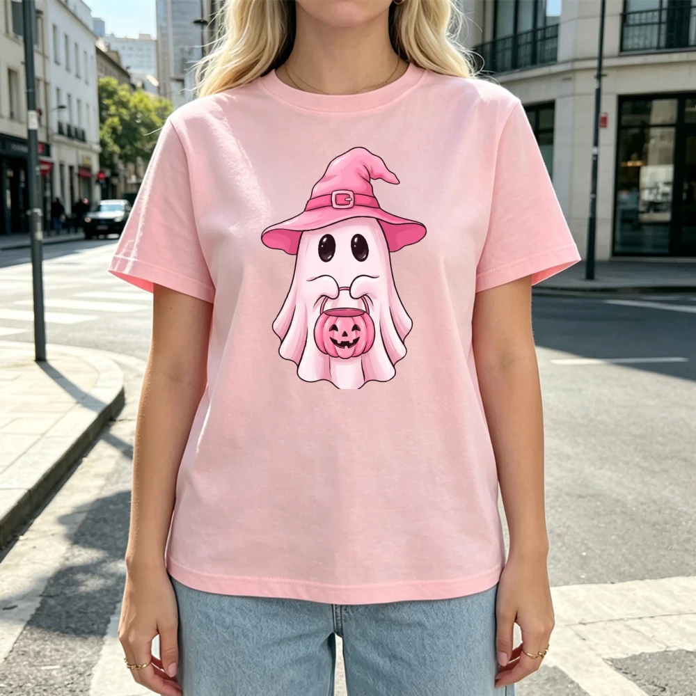 Cute Pink Ghost Witch Hat Pumpkin Bucket Halloween Graphic Print Shirt Unisex Spooky Fall Casual Short Sleeve Tee Women Clothing