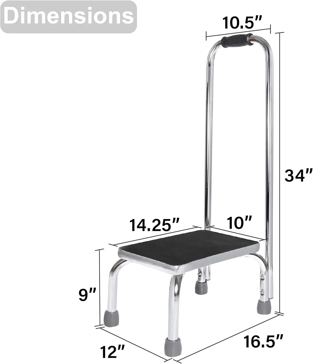Banqueta cromada resistente com alça e plataforma antiderrapante para uso doméstico, clínico e externo