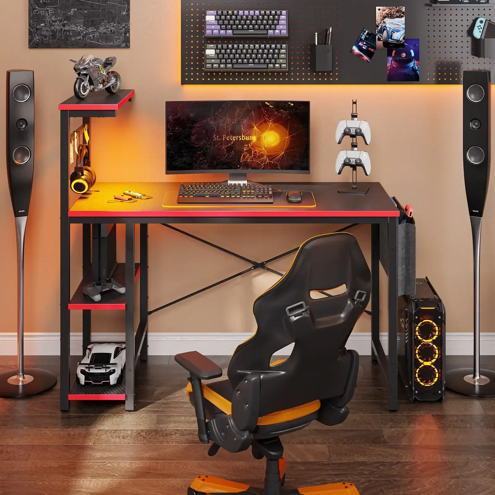 Computer Gaming PC Desk 44 inch Gamer Table with LED Lights, Reversible 4 Tier Storage Shelves Carbon Fiber