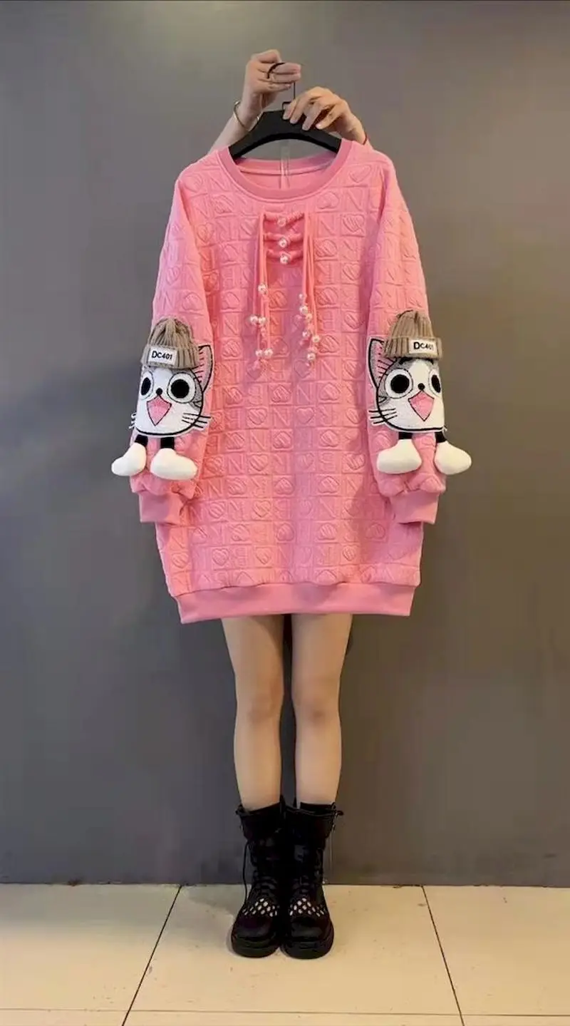 Oversized Pullovers Women Autumn Winter Trendy Mid-length Pullover Fashion Three-dimensional Decoration Cartoon Cute Tops Woman