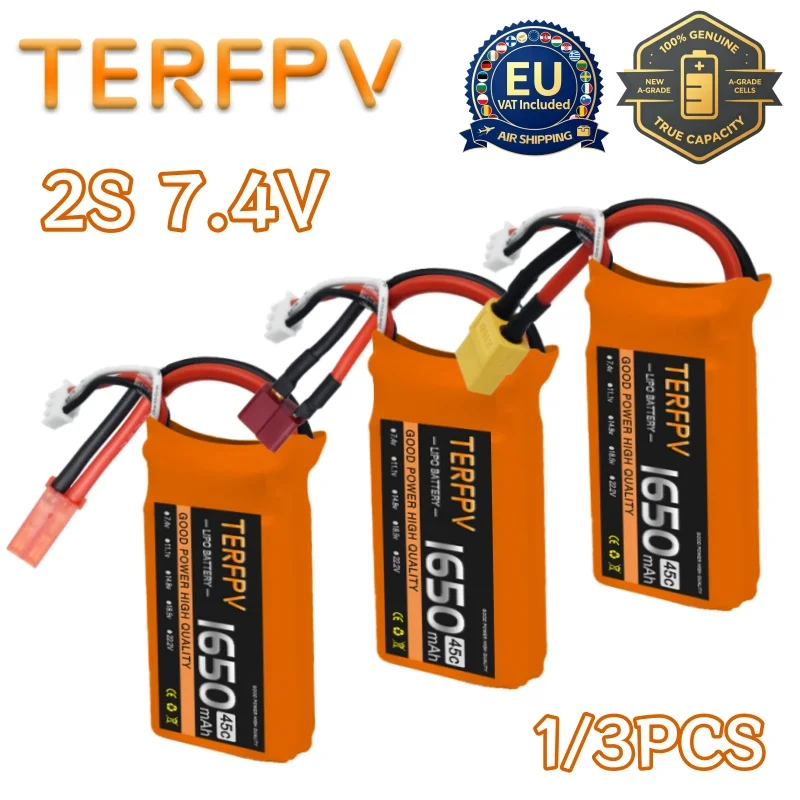 TERFPV 2S 45C 7.4V 1650mAh Lipo Battery for RC Car Airplane Boat Quadcopter Spare Parts Upgrade 7.4V Drones Battery 1/3PCS