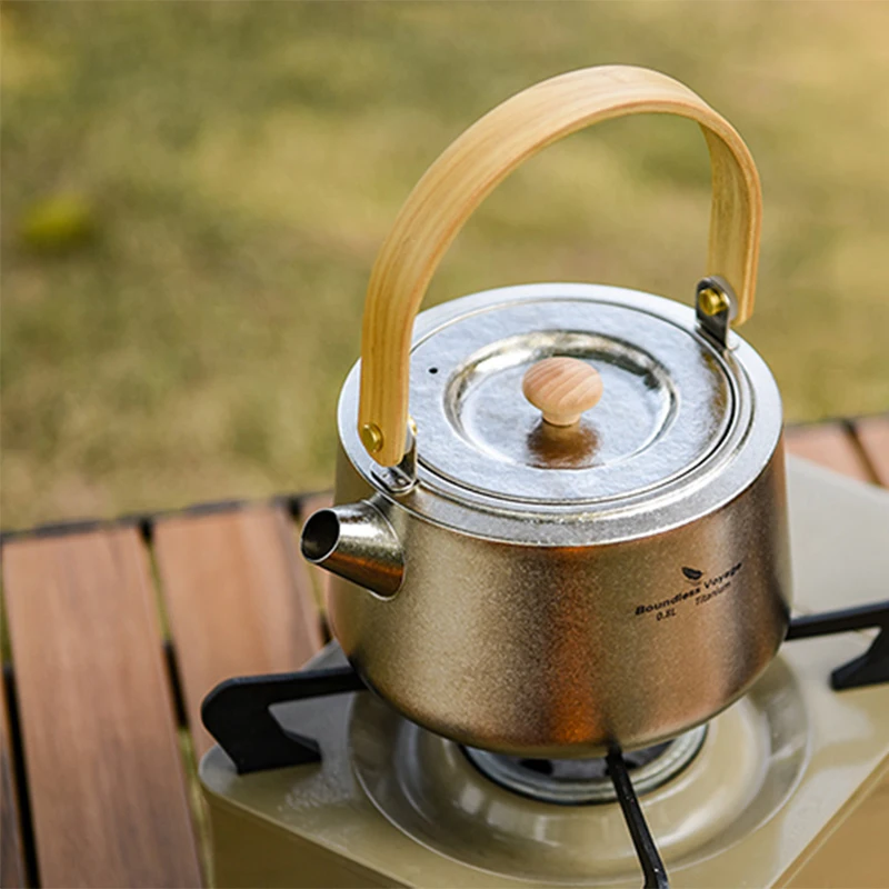Boundless Voyage 800ML Titanium Water Kettle Portable Outdoor Camping Teapot with Wooden Folding Handle for Hiking