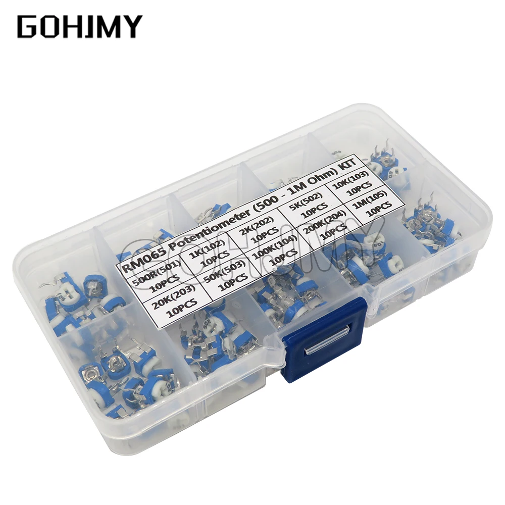 100PCS Box RM065 Potentiometer Adjustable Resistor Kit 500 - 1M Ohm Multiturn Trimmer Potentiometer Set Variable Resistors Kit