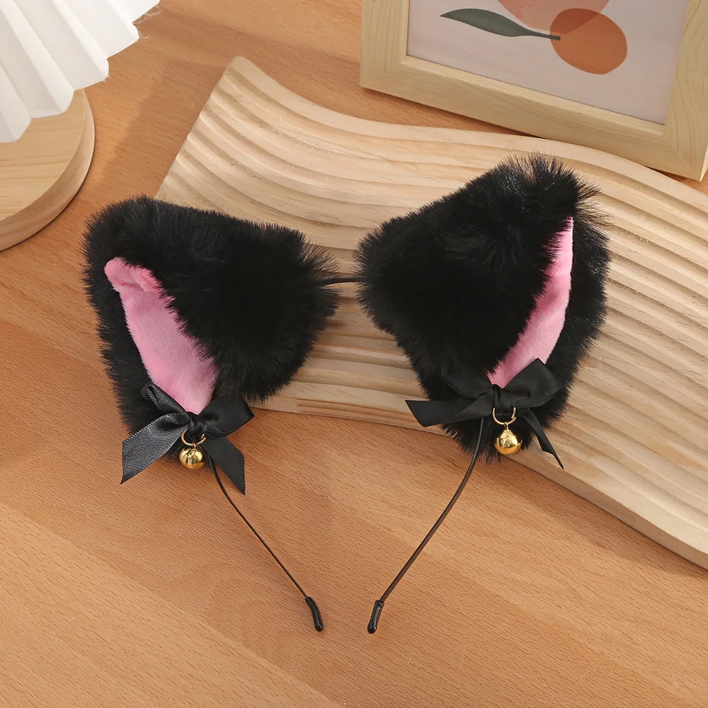 Black Cat Ear Headband with Necklace Girl Plush Furry Cat Ear Hair Band for Girl Women Adult Cosplay Party Fancy Dress Halloween