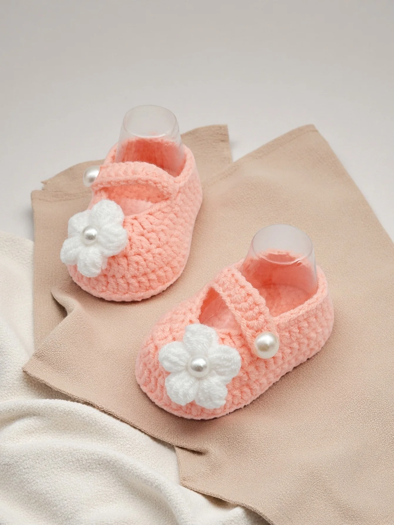 

1 Pair Handmade Crochet Baby Booties with Flower, Pink, Soft Knit Newborn Shoes with Pearl Button Detail