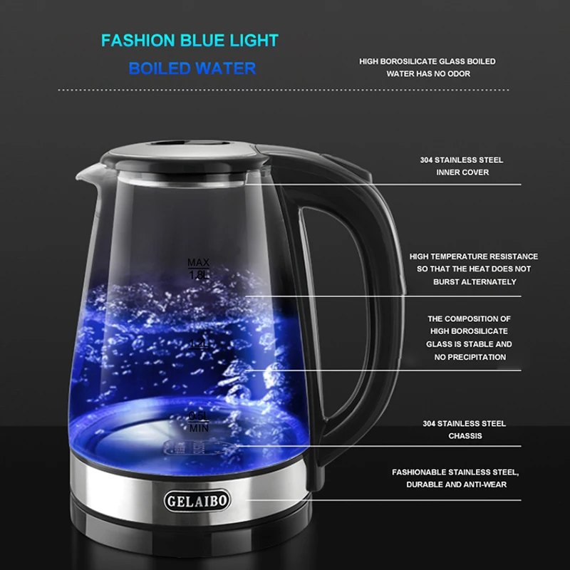 غلاية كهربائية من الزجاج الأزرق من GELAIBO، جودة رائعة، مقاومة لدرجات الحرارة العالية، طبقة مزدوجة مضادة للحرق، متكاملة