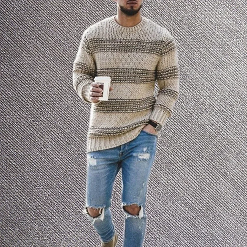 Autumn and Winter Fashion Men Simple Striped Round-neck Sweater Casual Knitted Pullover Sweaters