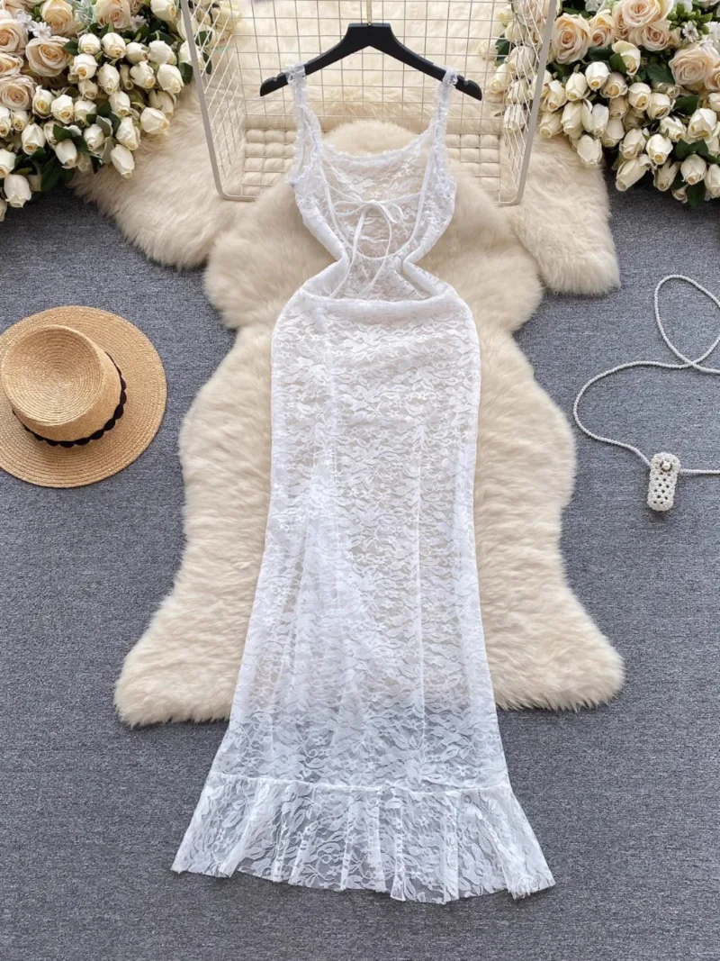 Women Sexy Perspective Lace Sling Dress New Fashion Women Design Long Dress Summer Base White Ruffled Backless Dress