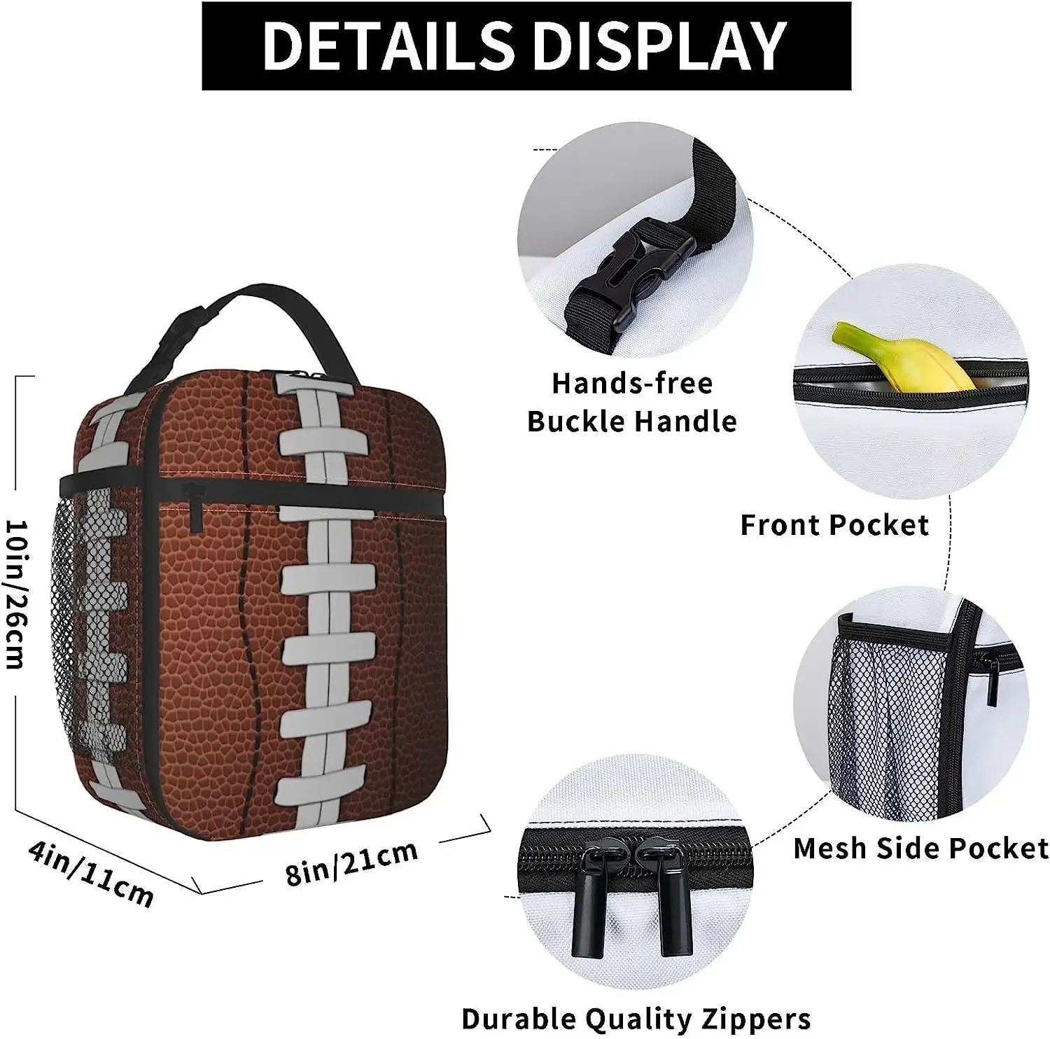 American Football Ball Lunch Bag Insulated Lunch Box for Boys Girls Durable Portable Adults Cooler Bento Tote with Side Pocket