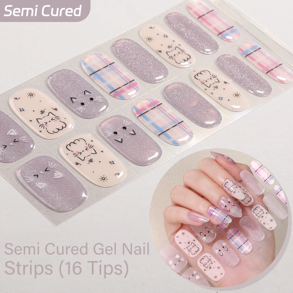 16Tips Summer Cherry Heart Semi Cured Gel Nail Strips French Gradient Self Adhesive Gel Nail Wraps Full Cover UV Nail Sticker