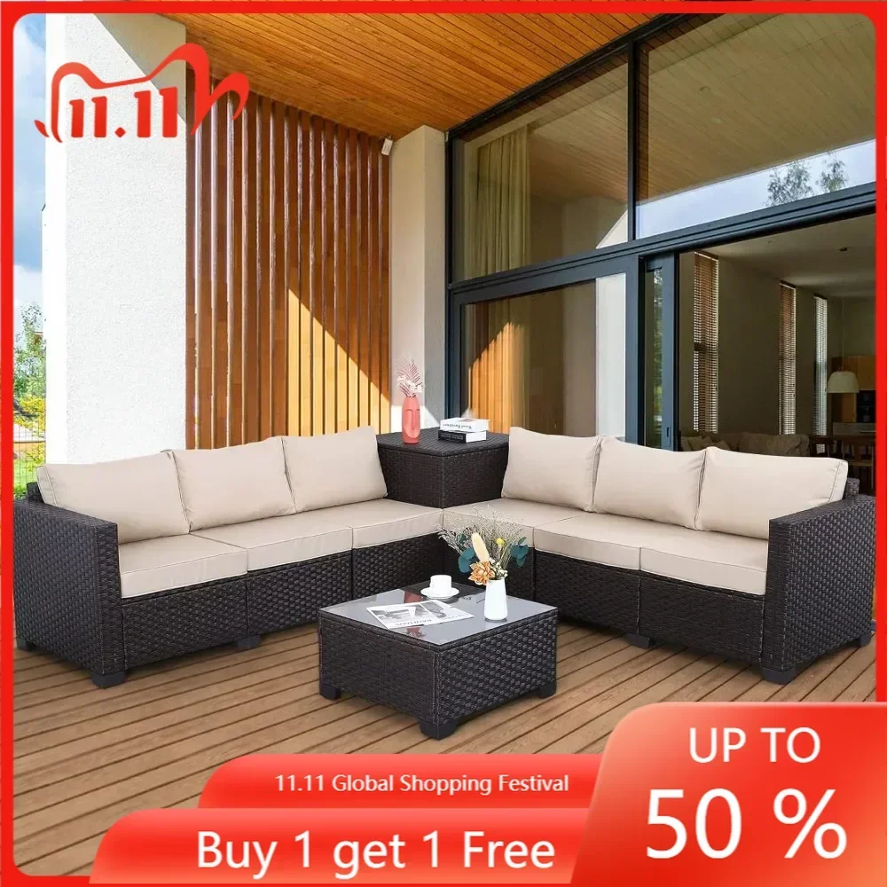 

Patio PE Wicker Furniture Set 6 Piece Outdoor Brown Rattan Sectional Loveseat Couch Conversation Sofa Chair with Storage