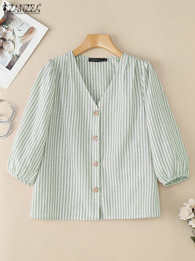 ZANZEA 甘いシャツの女性のファッション 3/4 パフスリーブストライプトップス秋 V ネックプリントボタンエレガントな韓国ブラウス仕事 OL Blusas
