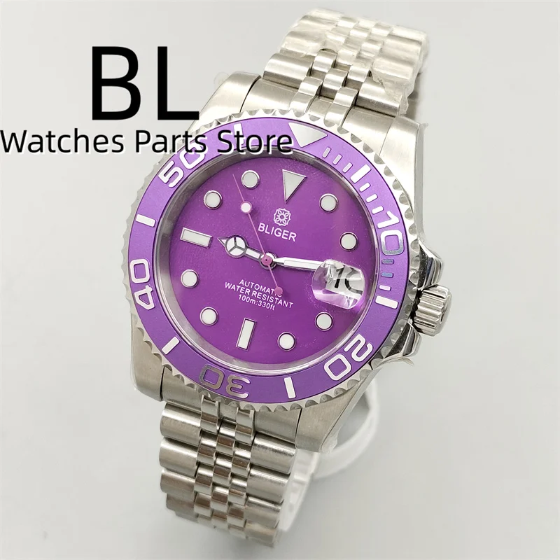 BLIGER 40mm Men\'s Automatic NH35 Dive Watch Sapphire Glass Rotating Bezel Fuchsia Black Pink Purple Dial Purple Hand Screw Crown