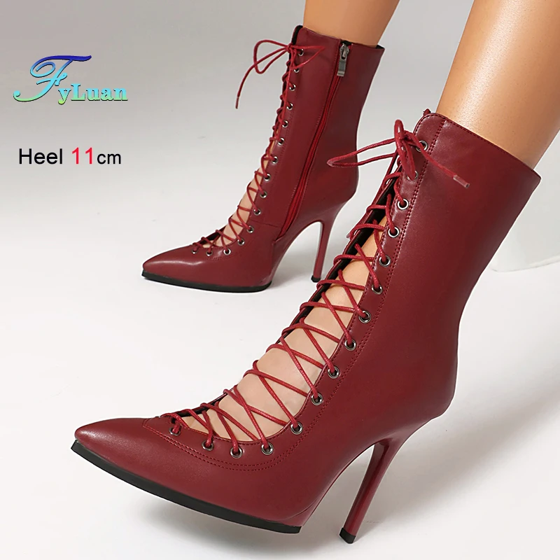 

Spring Autumn Wine Red Women's Knight Boots Thin High Heels 11cm Lace Up Side Zipper Pointed Toe Ladies Mid Calf Boots Size 46