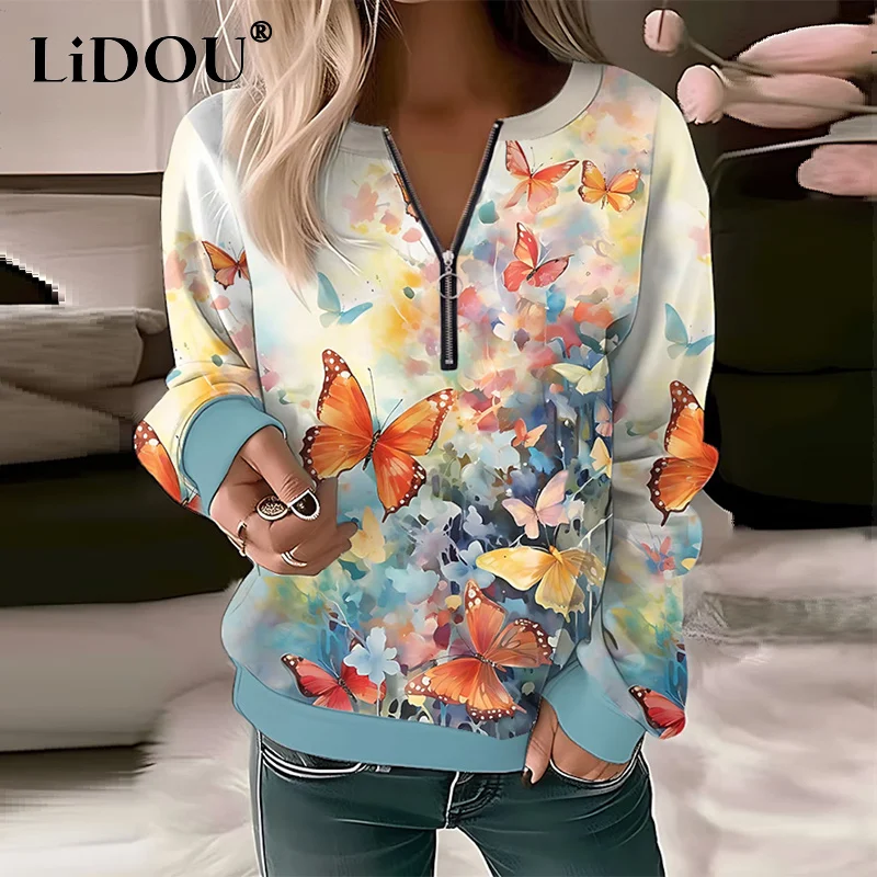 

Autumn Winter Streetwear Oversized Fashion Printed Pullover Sweatshirt Ladies Loose Casual All-match Zipper Top Women's Clothing