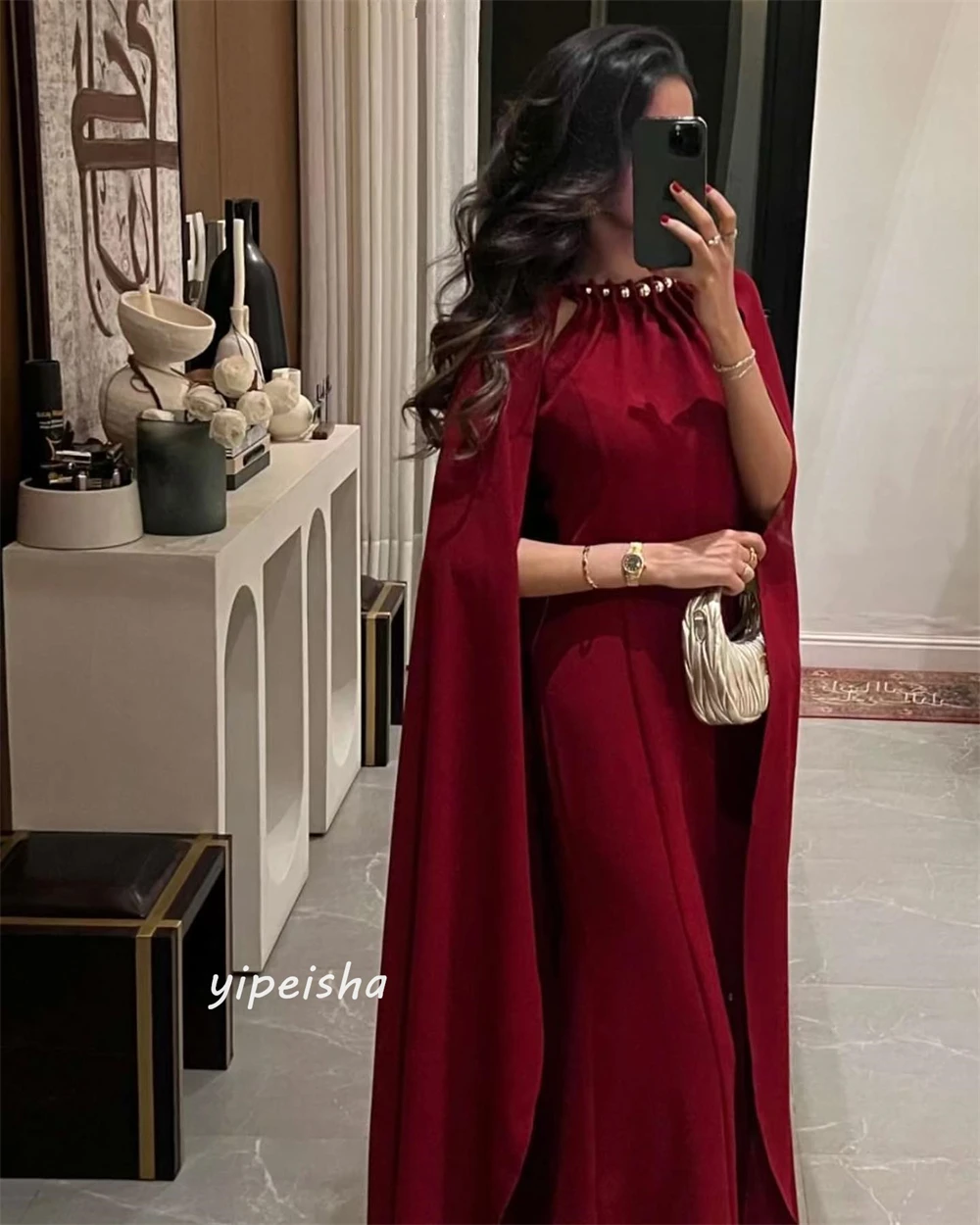   Satin Beading Pleat Evening Sheath O-Neck Bespoke Occasion Gown Long Sleeve Dresses