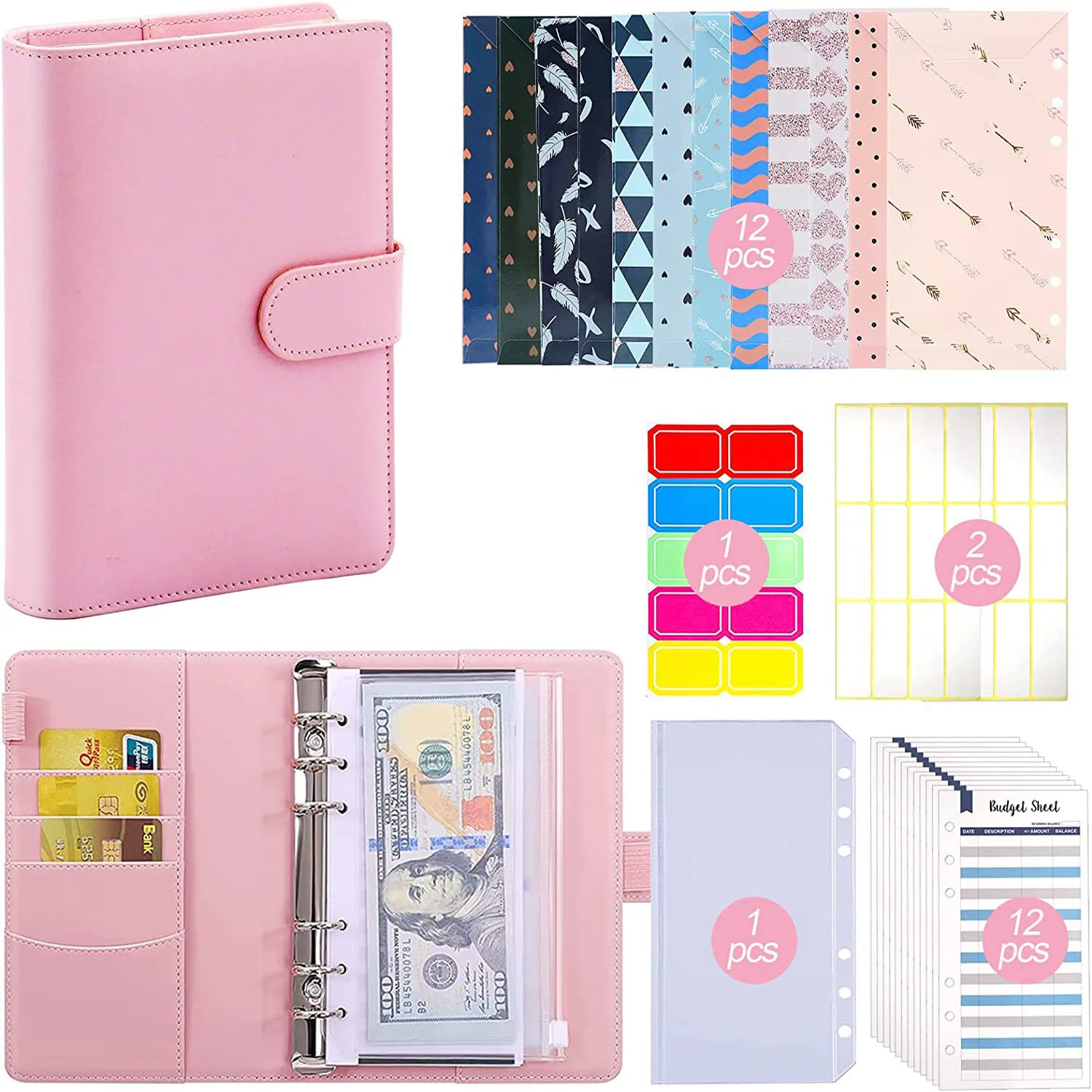 

Budget Binder A6 PU Leather Cash Envelopes Organizer with Zipper Pockets,Expense Budget Sheets & Label Stickers for Money Saving