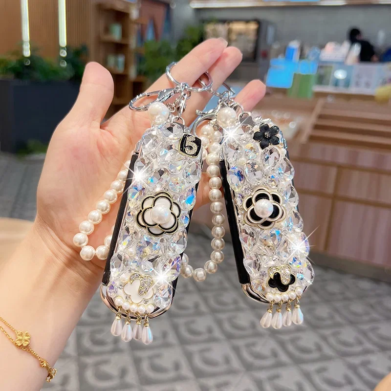 Sparkling Rhinestone Makeup Mirror Comb Foldable With Pearl Chain Massage Air Cushion Comb Keychain Creative Bag Pendant