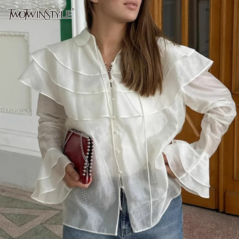 

TWOTWINSTYLE Sweet Patchwork Ruffles Sheer Blouse for Women Lapel Long Sleeve ​​Spliced Single Breasted Shirt Female New Style