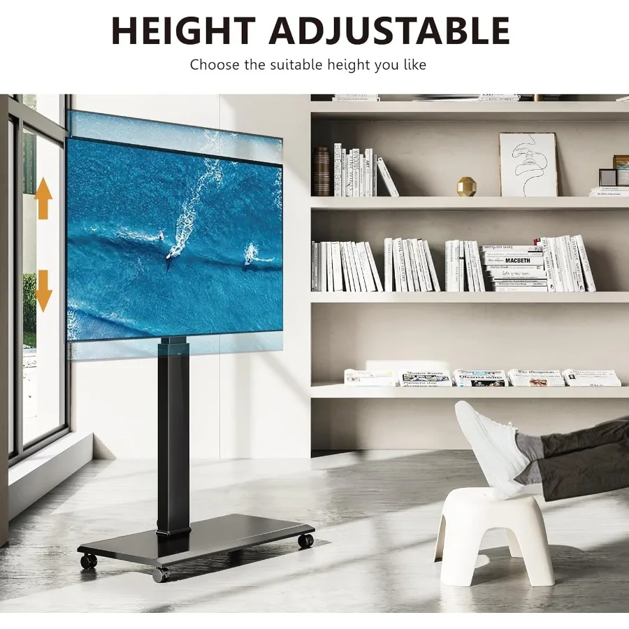 عربة تلفزيون متنقلة محمولة على عجلات لأجهزة التلفاز مقاس 32 إلى 65 70 75 بوصة في المناظر الطبيعية وتوجيه الصورة مع 40 لضبط ارتفاع دوار