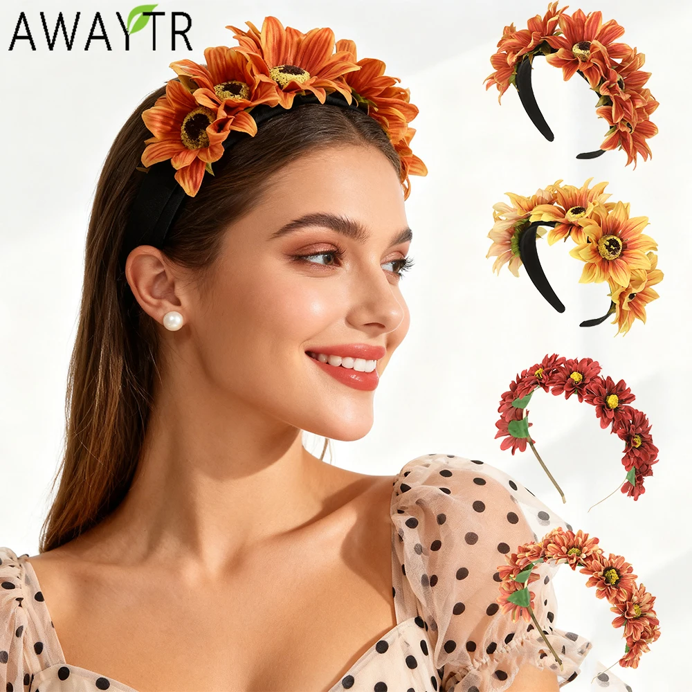 

AWAYTR Large Chrysanthemum Wreath Hairband Artificial Floral Hair Bands Hoop Braided Headband For Adult Party Headwear
