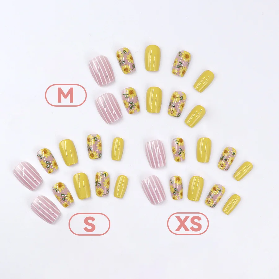 24Ps/set Fake Nails Art Sunflower Flower Whitening Fashionable Wearing False Nail Tips Finished Full Coverage Press on Nails Set