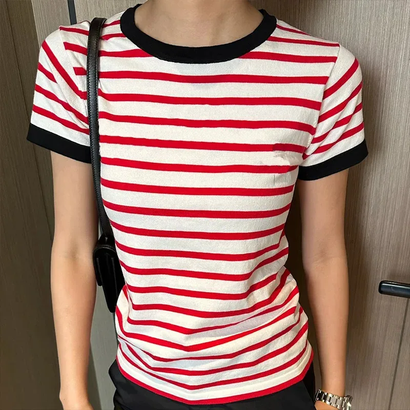 

Women Basic Striped Short Sleeve Cotton T-Shirt Easy Care O-Neck Knitted Top Relaxed Fit Casual Summer Blouse Tee 2536103