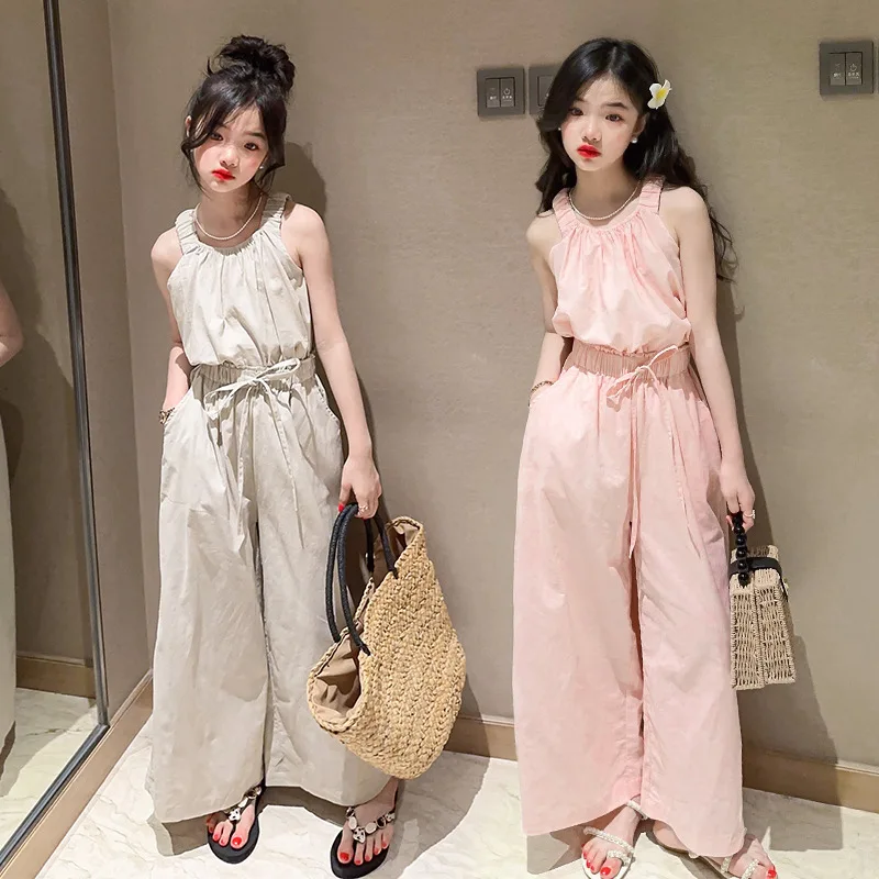 Summer Kids Clothing Sets Teen Girls Sling Tops + Wide Leg Pants 2Pcs Suit Girls Sleeveless Outfits Fashion Children's Clothes