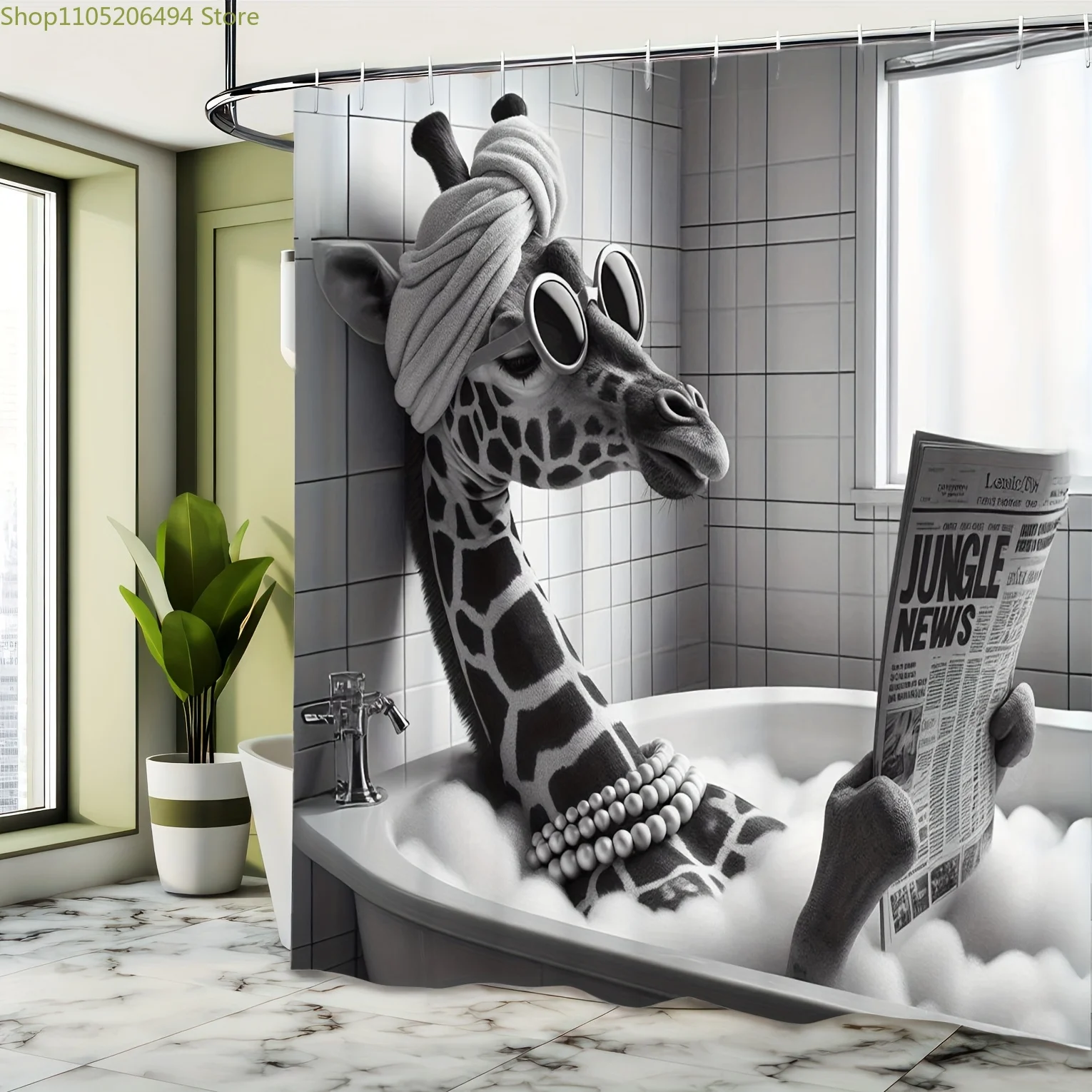 

1pc Funny Giraffe Shower Curtain - Machine Washable Polyester with Fashion Glasses & Beaded Necklace Design, Durable Bathroom