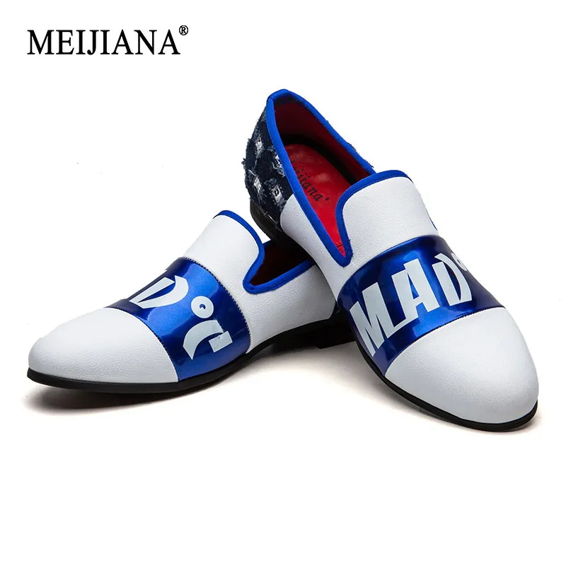 Men's White and Blue Loafers with Letter Print - Slip-On Casual Formal Smoking Shoes for Party Prom Streetwear