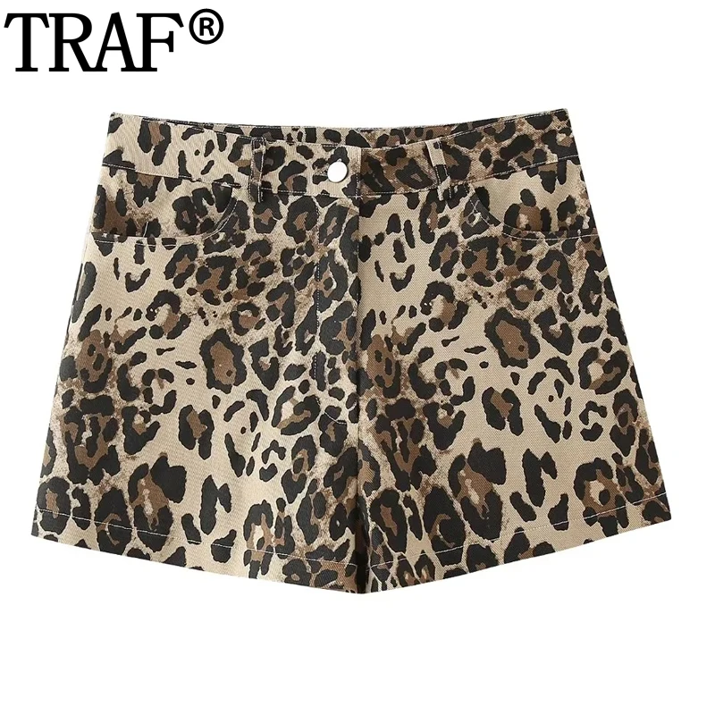 

TRAF Leopard Print Shorts Women Vintage High Waist Short Woman Streetwear Summer Women'S Shorts Y2K Casual Girl Mini Shorts