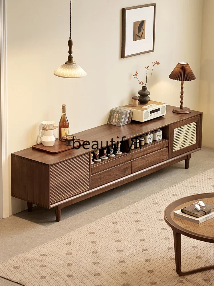 

North American black walnut TV cabinet Nordic simple solid wood rattan door TV cabinet household