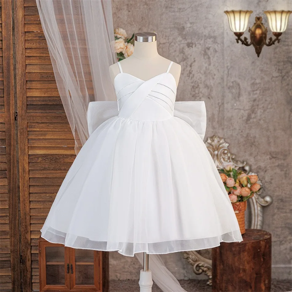 White Cross Pleat Spaghetti Strap Big Back Bow Tulle Princess Dress Cute Kid Girls Wedding Birthday Formal Pageant Costume ASQ03