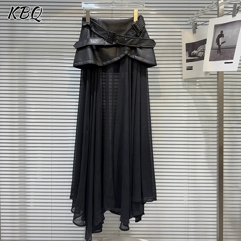 

KBQ однотонные шикарные сращенные ремни, длинные юбки для женщин, сетчатые юбки с высокой талией, темпераментные шикарные лоскутные сетчатые юбки, женский модный стиль